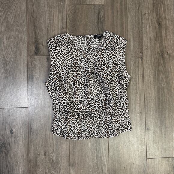 J.Crew Hyacinth Top M Tan Black Leopard Cotton Poplin Smocked Waist Sleeveless - Picture 3 of 6